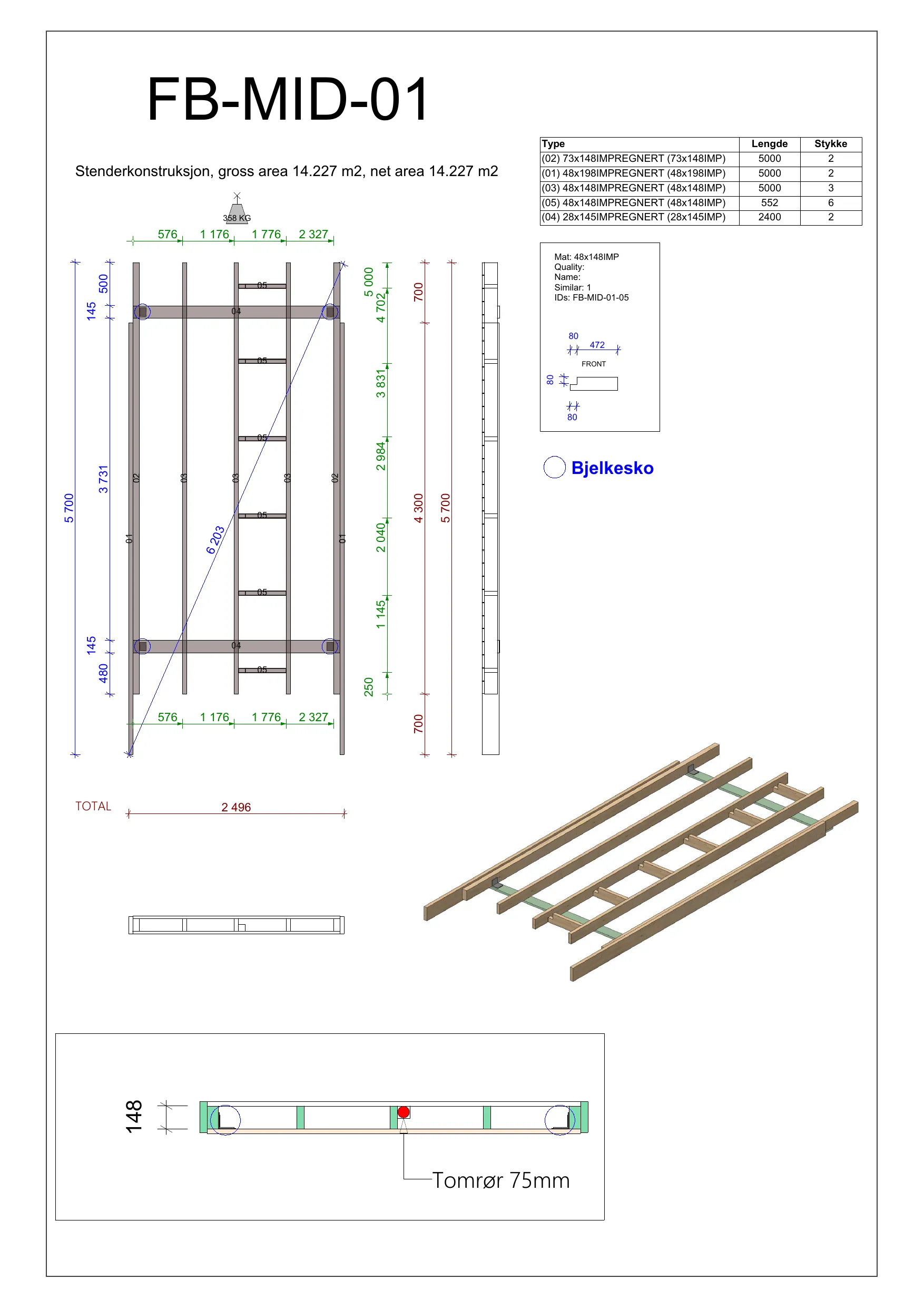 Arbeidstegning FB-MID-01, Midt — bjelkelag